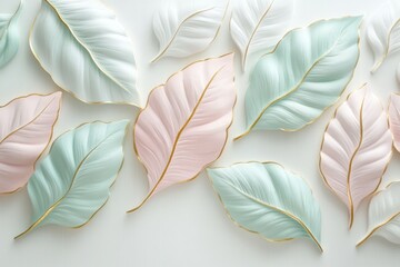 Pastel pink and mint leaves with gold accents on white background.