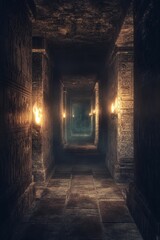 Fototapeta premium Ancient stone corridor, dimly lit, carvings on walls.