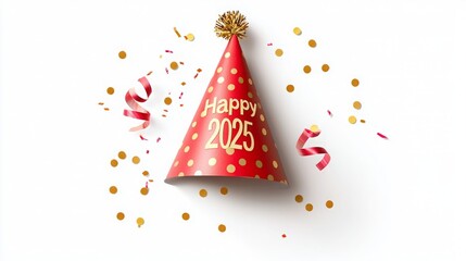 New year 2025 celebration nightlife. A festive red party hat with "Happy 2025" written on it, surrounded by colorful confetti, celebrating the New Year.