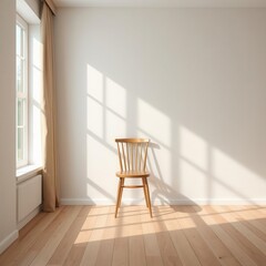 Fototapeta premium Minimalist empty room with wooden chair, bright sunlight streaming through large windows