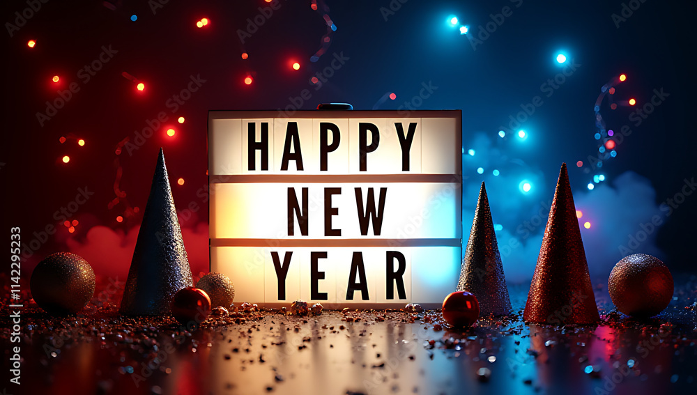 Poster happy new year celebration concepts feature colorful party props on a dark background with text disp