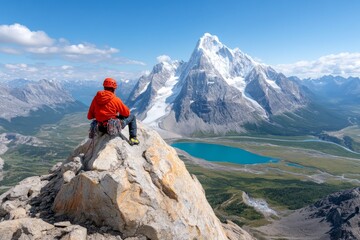 Fototapeta premium Climber enjoys breathtaking view from mountain peak overlooking turquoise lake and majestic snow-capped mountains. Generative AI