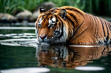 Naklejka premium Captivating image of a tiger, a creature of mystery and allure, as it emerges from the depths of the lake.