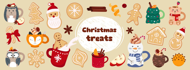 Christmas treats and drinks in cute cups. Set of cute mugs in the shape of animals and Gingerbread Cookies. 