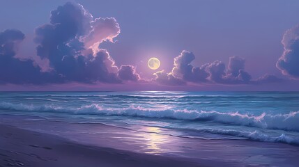 Serene coastal sunset with gentle waves and vibrant clouds reflecting the light of the full moon illuminating the tranquil ocean scene at dusk