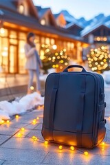 Naklejka premium Travel bag rests on winter pathway surrounded by glowing lights and festive decor. Generative AI