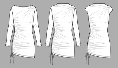 Vector mini party dress with drawstring fashion CAD, woman sleeveless night dress technical drawing, template, sketch, flat, mock up. Jersey or woven fabric 3 pieces set with front view, white color