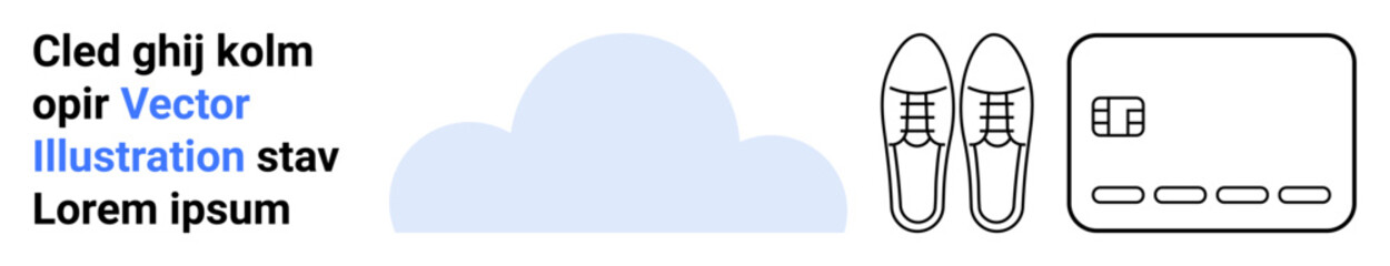 Cloud icon beside text, outlined shoes, and a credit card. Ideal for technology, fashion, e-commerce, finance, cloud services digital transactions data storage themes. Landing page