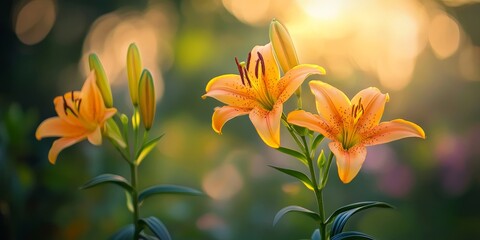 Vibrant orange yellow lilies stand out against a soft green blurred background, creating a captivating display of blooming flowers in close up during a stunning sunset.
