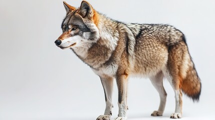 Obraz premium Alert wolf standing isolated on light background, focus on detail.