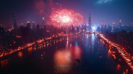 Fototapeta premium fireworks over the river in the city