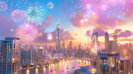 Obraz premium New year 2025 celebration nightlife. A vibrant city skyline illuminated by colorful fireworks against a sunset backdrop, reflecting in the water below.