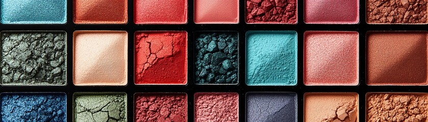 Fototapeta premium bright red, blue, and green eyeshadow shades in a grid pattern, set on a soft neutral background, bold and vibrant colors, makeup palette, beauty trends, stunning design