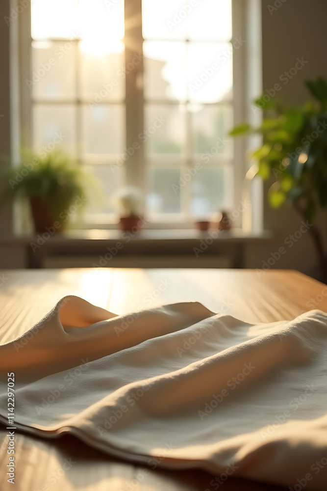 Poster fabric on a wooden table is visible through a blurred window against a bright morning light in the b