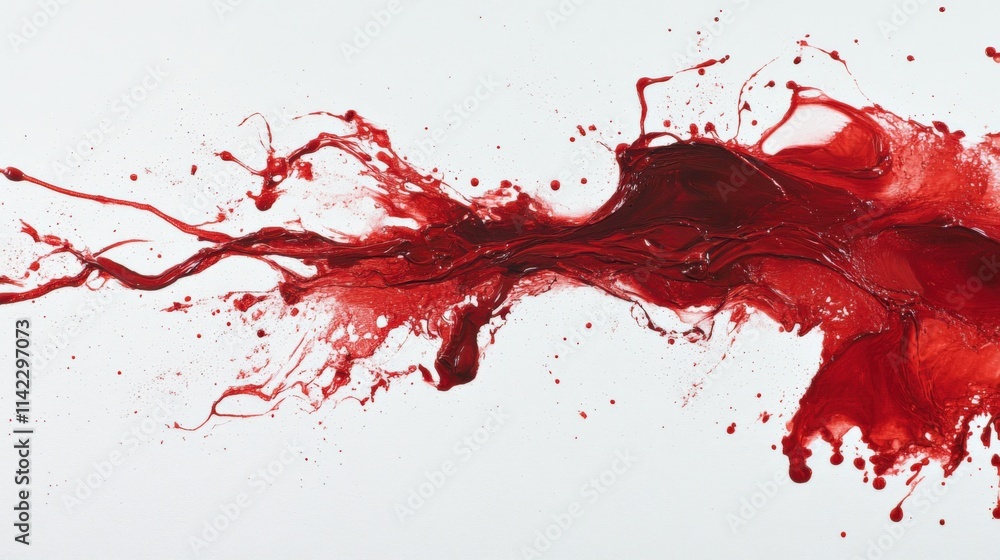 Poster a dynamic and abstract display of red splatters on a white background