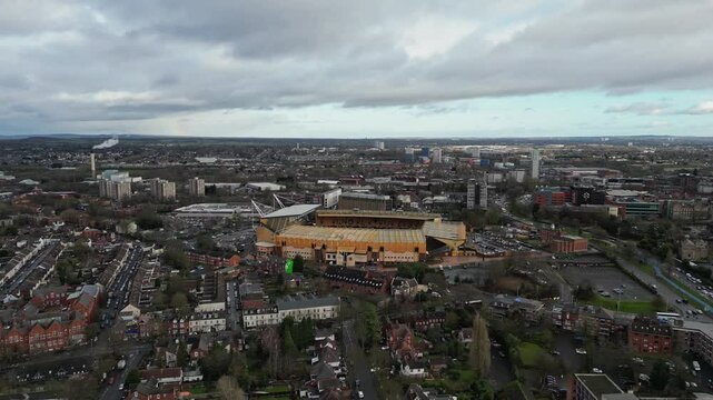 4k drone footage of Molineux stadium, the home of Wolverhampton Wanderers FC in the West Midlands, UK
