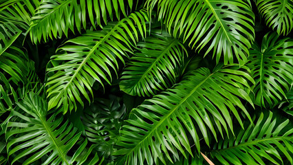 Fototapeta premium Close-up tropical green leaves background. Fresh and flat wallpaper banner concept 