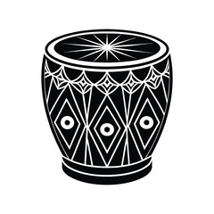 Traditional Drum Illustration - Black and White Ethnic Percussion Instrument with Ornate Design
