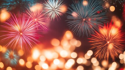 Fototapeta premium A vibrant display of colorful fireworks lighting up the night sky, creating a festive atmosphere with bursts of light and color.