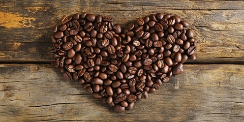 Heart created using coffee beans on a rustic wooden background, emphasizing the unique shape and texture of the coffee beans that form a perfect heart design.