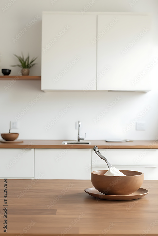 Poster End grain wood counter tops are often featured in minimalist kitchens with a blurred white background to minimize visual distraction._00003_
