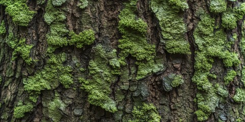 Close up of maple tree bark featuring lush moss, showcasing the intricate textures and natural beauty of the maple tree bark in a vibrant ecosystem.