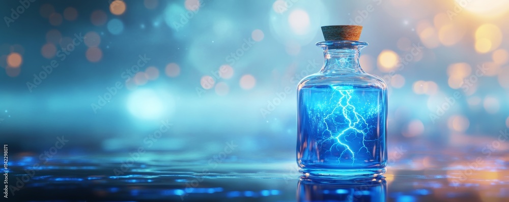 Poster magic potion with lightning inside is glowing on wet surface
