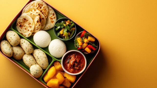 Traditional South Indian Breakfast with Idli, Paniyaram, Parotta, Chutney, and Fresh Vegetables in a Vibrant Bento Box on Yellow Background