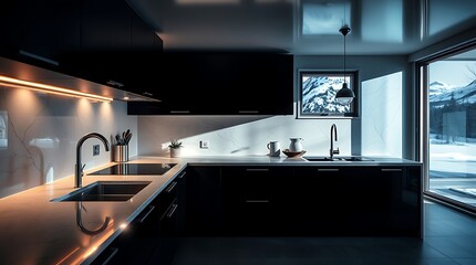 A modern alpine kitchen is depicted in high contrast low key lighting. Iridescent surfaces create deep shadows and shimmering reflections with a dramatic feel.