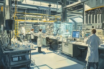 Scientists work in a sunlit industrial laboratory.