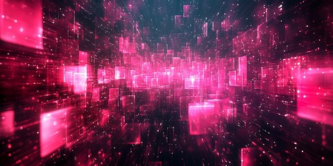 Fototapeta premium Abstract pink glowing cubes, digital tunnel, futuristic background.