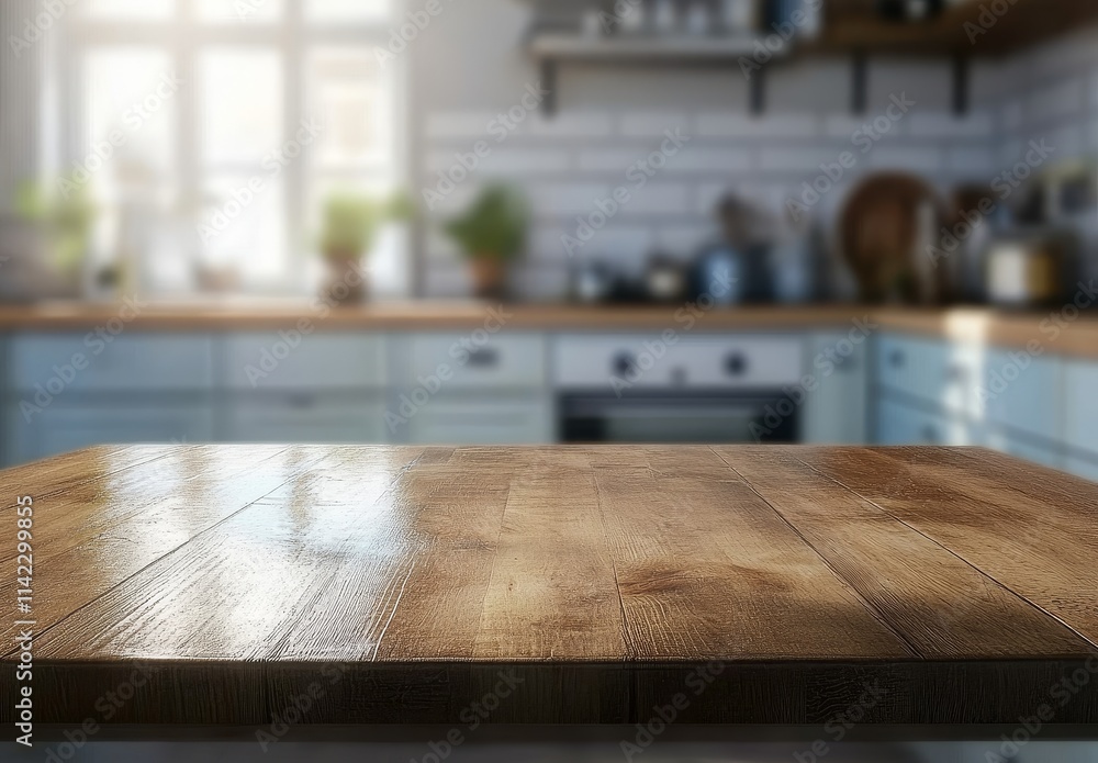 Aufkleber empty wooden table in front of blurred modern kitchen.