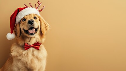 A festive golden retriever wearing a Santa hat and bow tie, smiling against a warm, neutral background.
