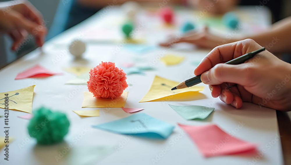 Poster creative ideas are generated through brainstorming sessions using visual aids such as bubble paper a