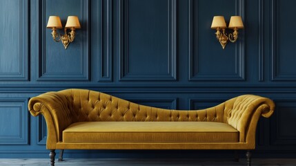 Elegant chaise longue in classic living room with blue wall