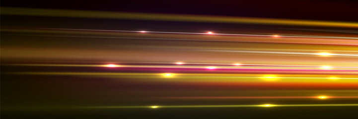 Technology futuristic dynamic motion. Abstract futuristic background with glowing light effect.Vector illustration. Glow of bright lines of transport vehicle drive on road highway. High speed light.