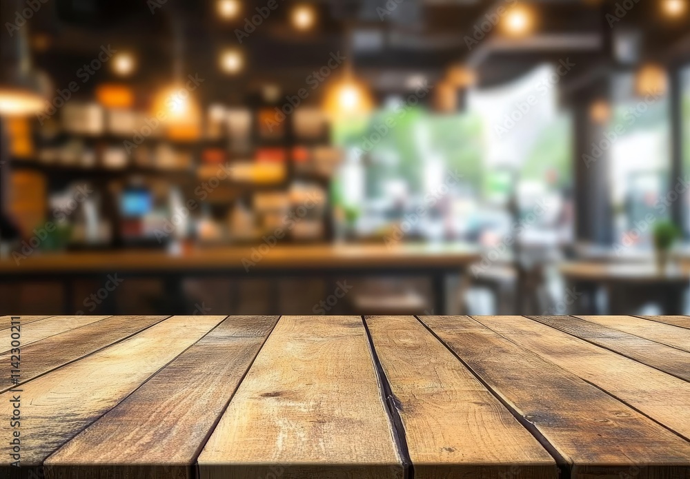 Aufkleber empty wooden table in front of blurred cafe background.