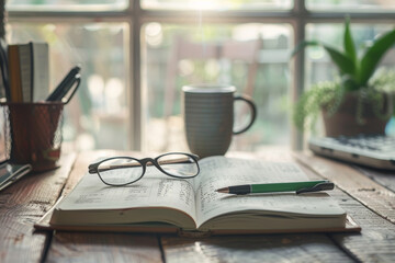 Fototapeta premium A pen, a notebook, a cup of coffee. Making plans and goals for the new year 2025