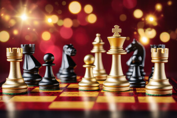 Golden and black chess pieces on board with glowing lights