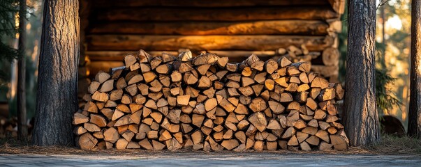 rustic firewood pile stacked in front of logs and trees, earthy natural textures, warm outdoor woodland atmosphere, rustic charm and cozy forest setting