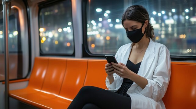 Young woman wearing protective mask using smartphone on subway train at night