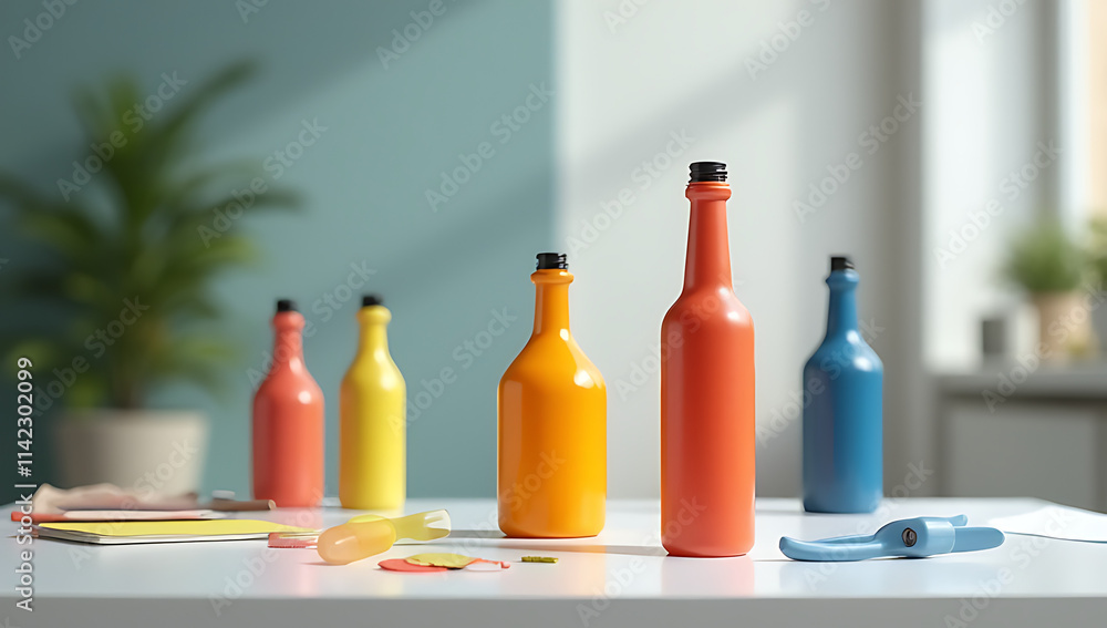 Poster colorful abstract bottle mockup on a minimalist worktable sparks business ideas and showcases creati