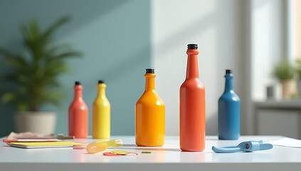 Colorful abstract bottle mockup on a minimalist worktable sparks business ideas and showcases creative design concepts and imagination._00002_