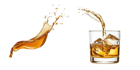 dynamic whiskey pour with splashes, showcasing rich amber tones