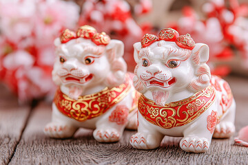 Fototapeta premium Intricate Chinese guardian lions with red and gold details