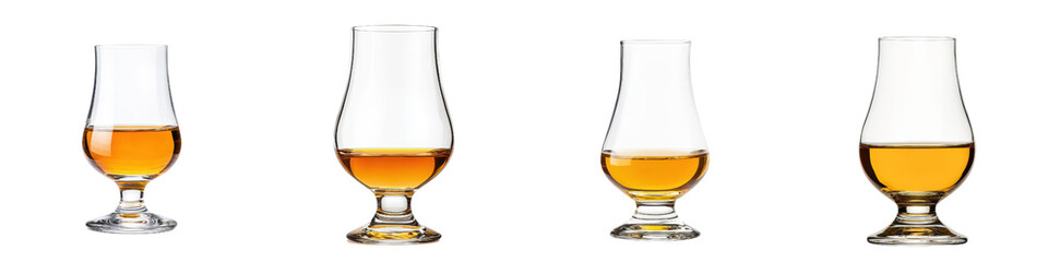 Elegant whiskey glasses showcasing different levels of amber liquid