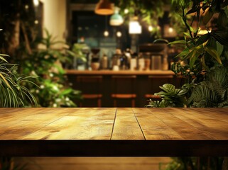 Empty wooden table in front of a blurred cafe at night.
