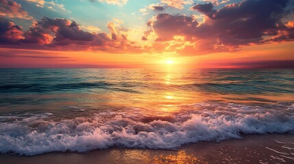Breathtaking Sunset Over Tranquil Ocean Waves with Colorful Clouds Reflecting on the Water, Creating a Serene Coastal Scene at Dusk