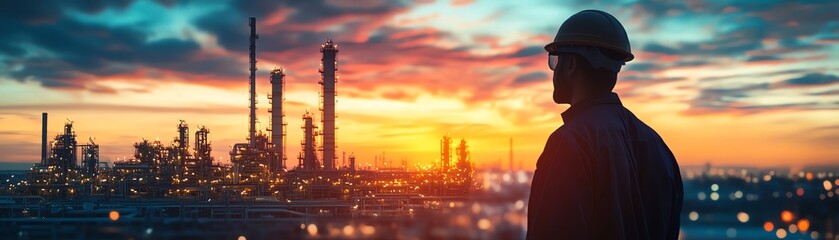 Obraz premium silhouette of an industrial worker against a sunsetrefinery background