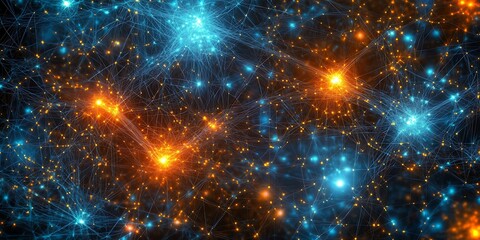 Fototapeta premium Abstract glowing network, interconnected nodes, vibrant colors, cosmic energy.